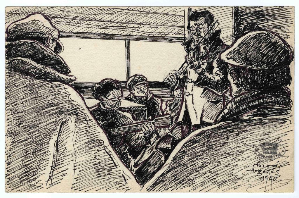 dessins, 2 musiciens de dos, 2 de face dont un avec une guitare, un violoniste debout