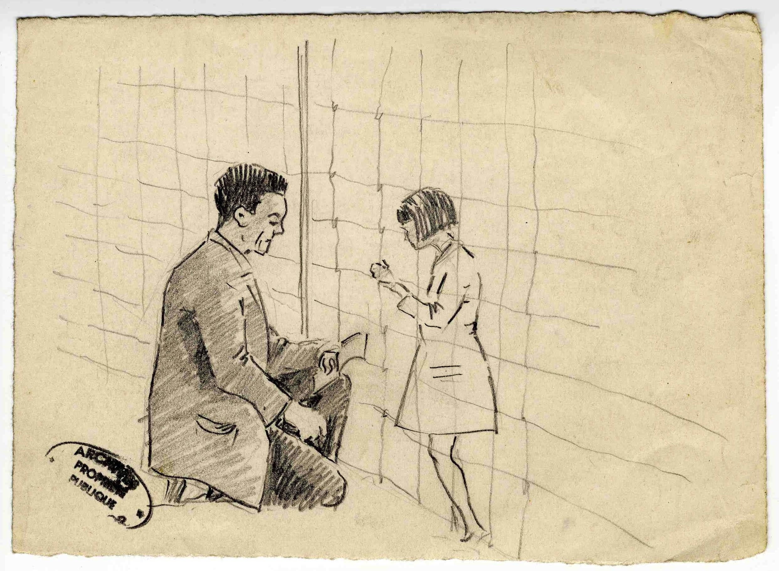 dessin, un père à genoux et sa petite fille, de l'autre côté d'un barbelé