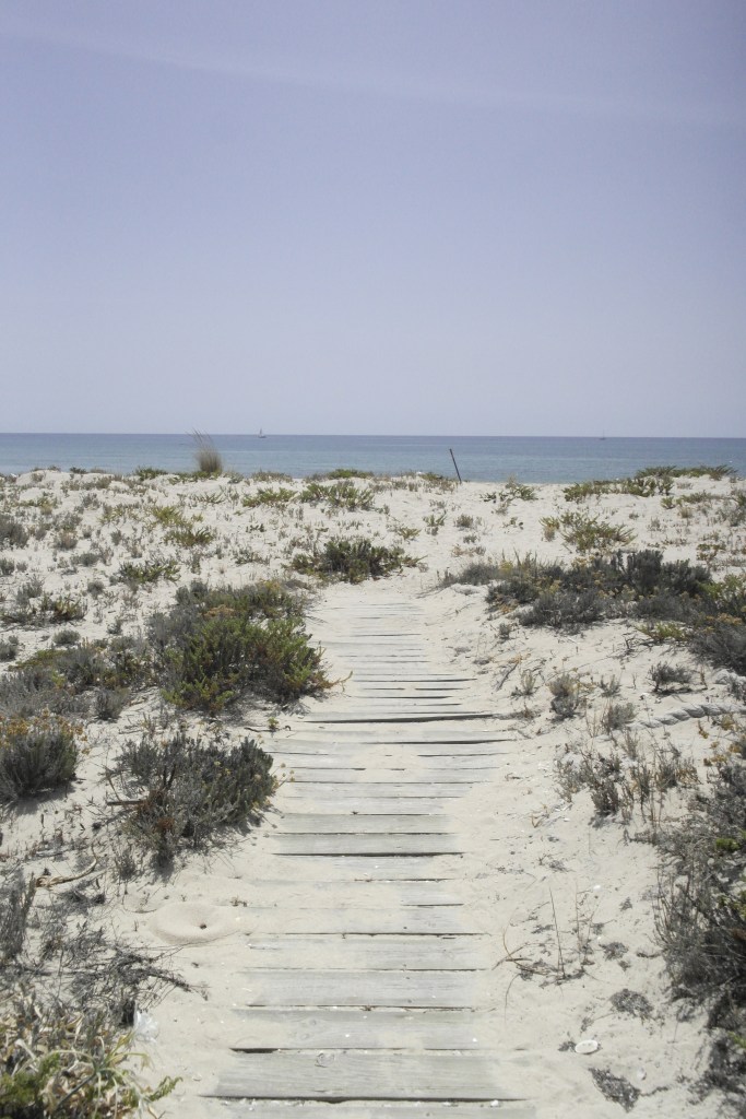 ponton ensablé, mer turquoise derrière